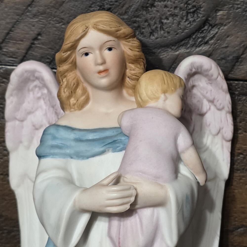 Vintage Angel Holding Baby Figurine Religious Home Decor Pastel Guardian Angel